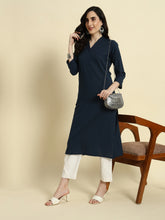Thread Plus Cotton Flax Straight Kurti In Navy Blue Color For Women